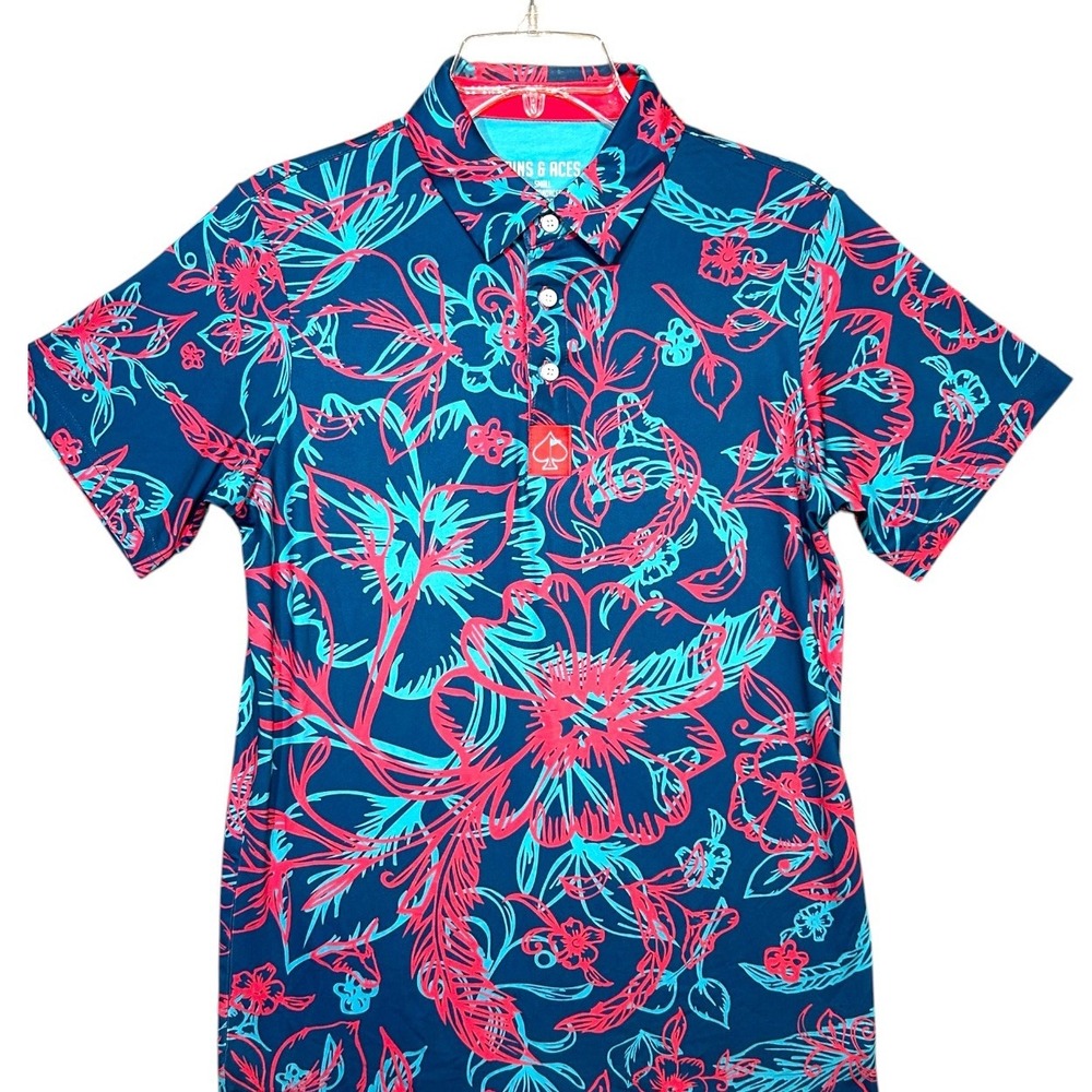 Pins & Aces Polo Shirt Mens Small Bright tropical blue pink Golf Performance